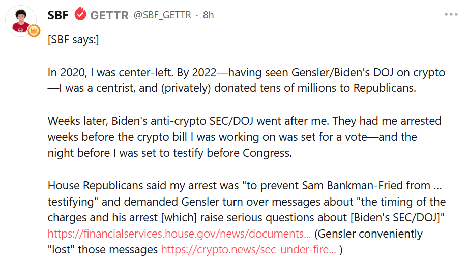 SBF声称政治动机导致其被逮捕